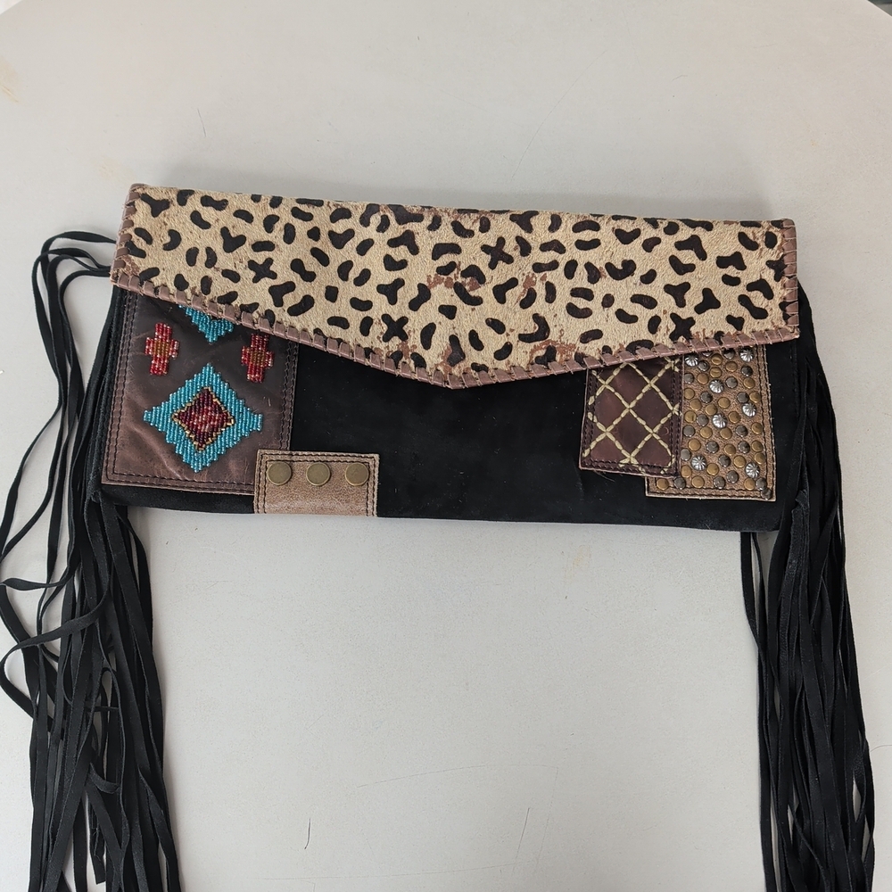Double D Ranch Black Fringe Clutch with Leopard-Flap and Turquoise Accents - Picture 3 of 13